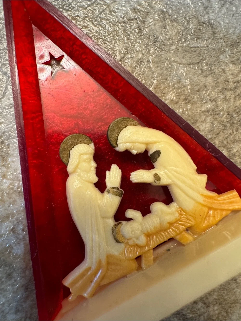 Vintage Holiday Nativity Triangle Ornament - Red and Cream